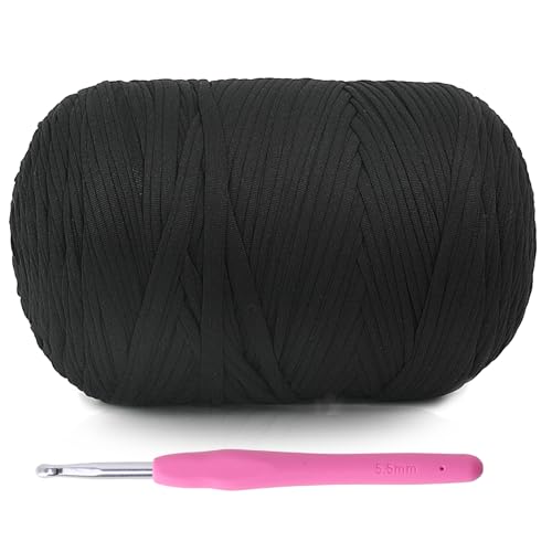 800 g T-Shirt-Garn zum Häkeln – T-Shirt-Garn zum Häkeln mit Anfänger-Häkeltaschen/Körben/Untersetzern/DIY, T-Shirt-Garne mit hochelastischen, dicken Garnen, Polyestergewebe (schwarz) von Blperly