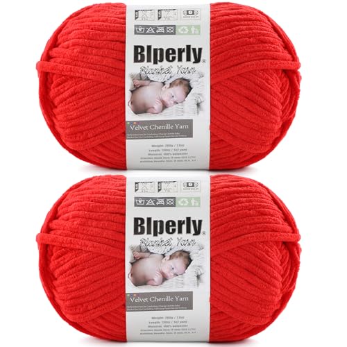 Weiches Chenille-Garn zum Häkeln, Nr. 6 Super Bulky Big Twist Textur, grobes Garn zum Stricken von Amigurumi und Heimdekoration (je 200 g, 140 m) (Hellrot), 2 Stück von Blperly