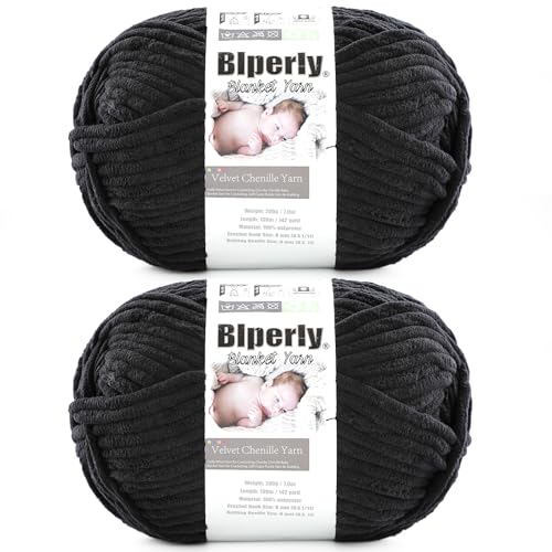 Weiches Chenille-Garn zum Häkeln, Nr. 6 Super Bulky Big Twist Textur, grobes Garn zum Stricken von Amigurumi und Heimdekoration (je 200 g, 142 m) (schwarz), 2 Stück von Blperly