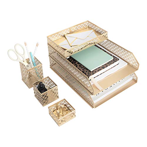 BLU MONACO Goldenes Schreibtisch-Organizer-Set für Frauen - 6-teiliges ineinandergreifendes Bürobedarf-Set, Stiftbecher, 3 Zubehörablagen und 2 Briefablagen, goldener Papierablagehalter von Blu Monaco