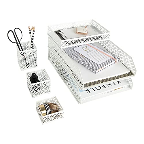 BLU MONACO Weißes Schreibtisch-Organizer-Set für Frauen - 6-teiliges ineinandergreifendes Bürobedarfsset, Stiftbecher, 3 Zubehörablagen und 2 Briefablagen, weißer Papierablagehalter BLU MONACO Weißes Schreibtisch-Organizer-Set für Frauen - 6-teiliges ineinandergreifendes Bürobedarfsset, Stiftbecher, 3 Zubehörablagen und 2 Briefablagen, weißer Papierablagehalter von Blu Monaco