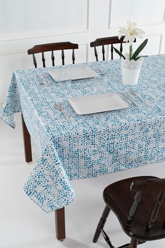 Blue Burgeon Oeko Tex Zertifizierte 100% Baumwolltischdecke - Weiße Tischdecke mit Blauen & Beigen Punkten 150x300 cm. Rechteck von Blue Burgeon