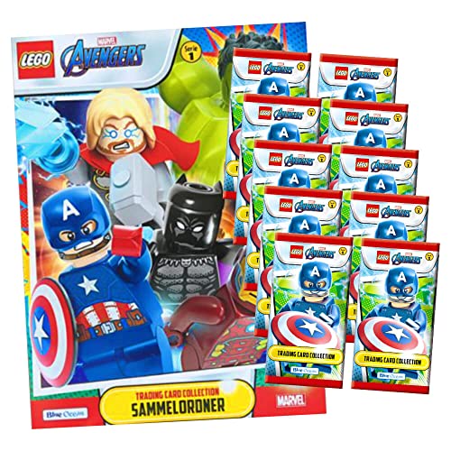 Lego Avengers Karten Trading Cards Serie 1 - Marvel (2023) - 1 Sammelmappe + 10 Booster Sammelkarten Bundle + 10 Originale Hüllen von Blue Ocean / STRONCARD