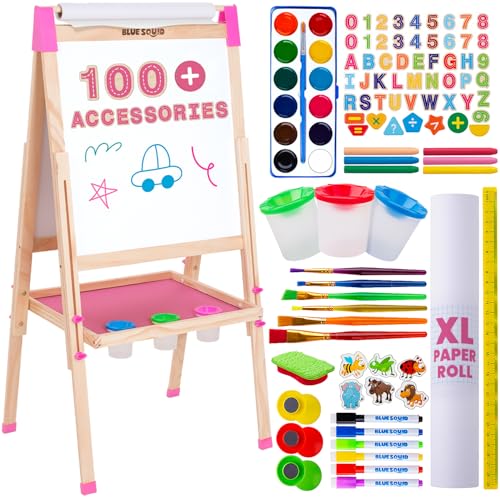 Blue Squid Art-Staffelei für Kinder, inkl. über 100 Zubehörteilen – doppelseitige, verstellbare Malstaffelei aus Holz mit magnetischer Kreidetafel, Whiteboard und Papierrolle (Pink, Deluxe) von Blue Squid