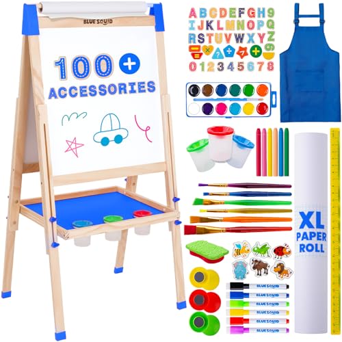 Blue Squid Art-Staffelei für Kinder, inkl. über 100 Zubehörteilen – doppelseitige, verstellbare Malstaffelei aus Holz mit magnetischer Kreidetafel, Whiteboard und Papierrolle (Blau, Deluxe) von Blue Squid