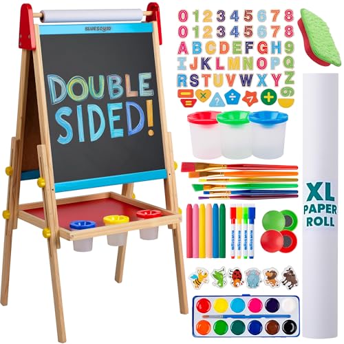 Blue Squid Kinder Staffelei - Höhenverstellbare, Doppelseitige Holz-Staffelei mit Magnetischer Kreidetafel, Whiteboard, Papierrolle, 100+ Zubehör, Ideal für Kinder 3-12 Jahre von Blue Squid