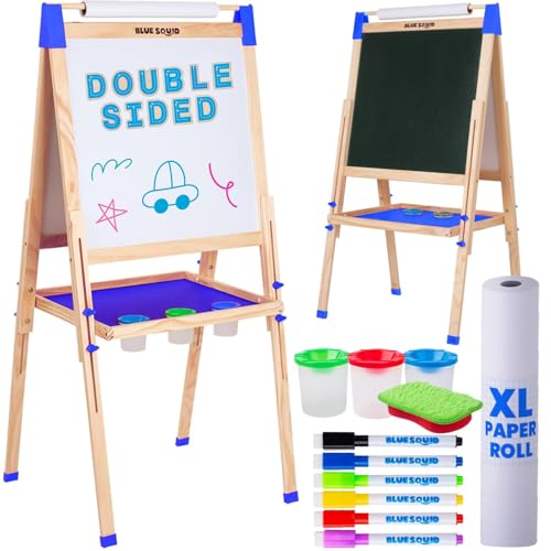 Kunst Staffelei für Kinder mit Zubehör- Doppelseitige hölzerne Tafel für Kinder mit magnetischer Kreidetafel, abwischbarem Whiteboard & Papierrolle, Kindertafel mit Kreide und Magnet 2-4 4-8 9-12 von Blue Squid