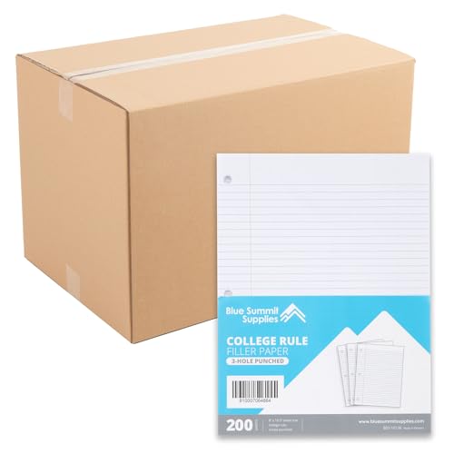 Blue Summit Supplies Liniertes Papier, College-Papier, 3-Locher, passend für Standard-Ordner, 200 Blatt pro Packung, 24 Stück, insgesamt 4800 Blatt von Blue Summit Supplies