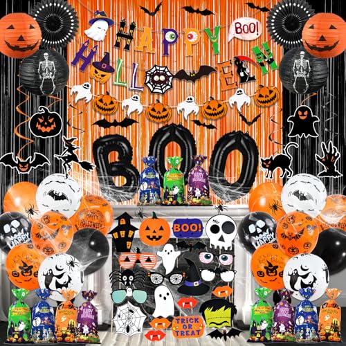 110 Stück Halloween-Party-Dekorationen, Horror-Halloween-Partyzubehör inklusive Banner, Boo Luftballons, hängende Wirbel, Foto-Requisiten, Spinne, Wed, Süßigkeiten, Geschenktüten für gruselige von Bluegogo