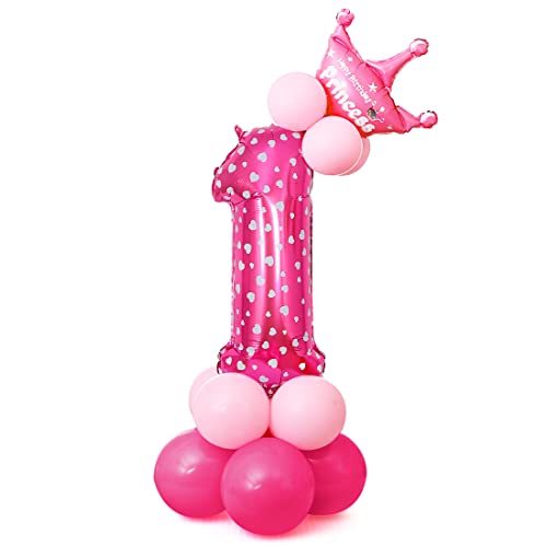1 Folienballon Zahl der Rosa, Balloon Decoration, 32 Zoll Folienballon Nummer 1 Rosa，Große Folienballons Zahlen 1 Geburtstagsdekoration，Krone Zahl 1 Luftballons für Party, Geburtstag, Kindergeburtstag von Bluelves