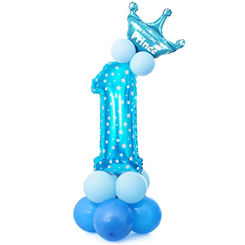 1 Geburtstag Blau Geburtstagsdeko, Balloon Decoration,1geburtstag junge Deko Luftballon, Folienballon 1 XXL Blau, Blau Folienballon 1 Party Dekoration Luftballons, Krone Luftballons Blau Helium Set von Bluelves