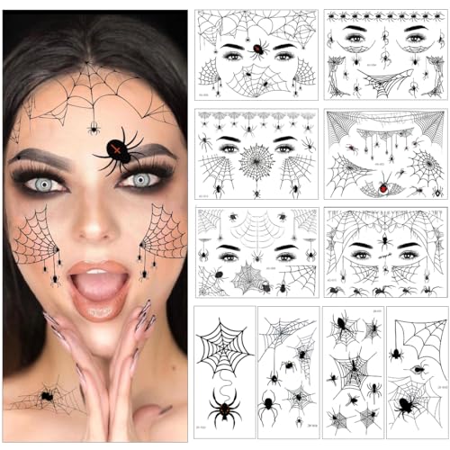 10 Blätt Spinnen Temporäre Tattoos,Halloween Spinnen Tattoo,Spinnennetz Gesicht Temporäre Tattoo, Halloween Aufkleber, Halloween Sticker, Halloween Dekorationen für Kinder von Bluelves