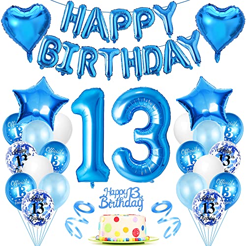 13 Geburtstag Dekoration Blau, Geburtstag Junge 13 Jahre, Luftballons 13 Geburtstag Jungen, Happy Birthday Folienballon 13, Geburtstagsdeko 13 Jahr für Geburtstag Party von Bluelves