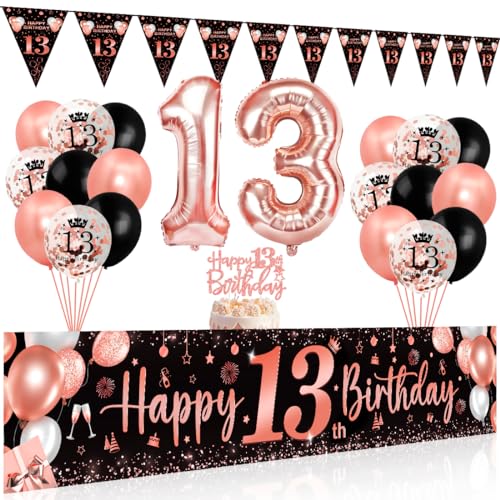 Bluelves Deko 13. Geburtstag Mädchen, Luftballon 13 Geburtstag Mädchen, Schwarz Roségold Extra Lange Happy Birthday Banner (210 x 40cm) + Girlande Wimpel + Schwarz Rosegold Konfetti Luftballons von Bluelves