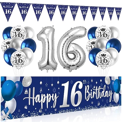 16 Geburtstag Deko Junge Mädchen, 16 Happy Birthday Banner Blau Silber, Luftballons 16 Geburtstag Wimpel Girlande, Deko 16. Geburtstag Hintergrund Ballons Marineblau Silber für Jungen Party Deko von Bluelves