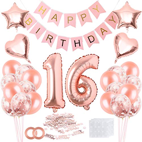 16 Jahre Geburtstag Mädchen, 16 Geburtstag Mädchen Rosegold, Luftballon 16 Geburtstag Mädchen, Geburtstagsdeko 16 Happy Birthday Banner, Konfetti 16 Geburtstag, Geburtstagsdeko Rosegold von Bluelves