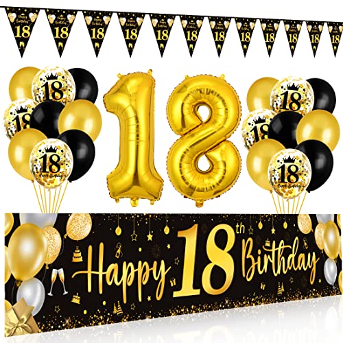18 Geburtstag Deko Junge Mädchen, 18 Happy Birthday Banner Schwarz Gold, Luftballons 18 Geburtstag Wimpel Girlande, Deko 18. Geburtstag Hintergrund Ballons Schwarz Gold für Jungen Mädchen Party von Bluelves