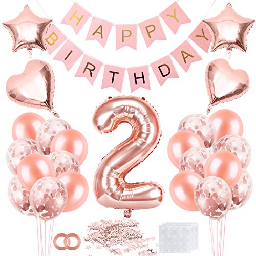 2 Jahre Geburtstag Mädchen, 2 Geburtstag Mädchen Rosegold, Luftballon 2 Geburtstag Mädchen, Geburtstagsdeko 2 Happy Birthday Banner, Konfetti 2 Geburtstag, Geburtstagsdeko Rosegold von Bluelves