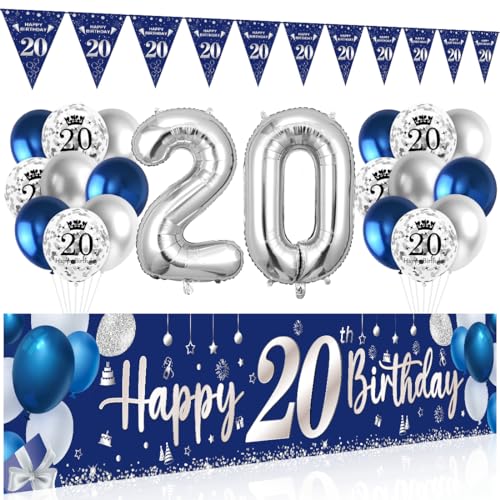 20 Geburtstag Deko Mann Frau, 20 Happy Birthday Banner Blau Silber, Luftballons 20 Geburtstag Wimpel Girlande, Deko 20. Geburtstag Hintergrund Ballons Marineblau Silber für Jungen Party Deko von Bluelves