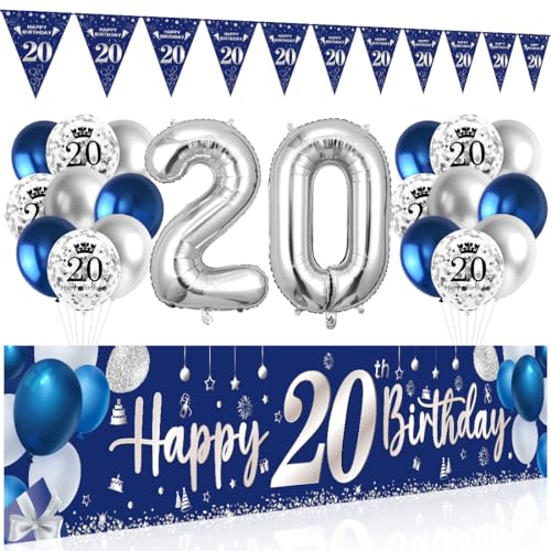 20. Geburtstag Deko Mann Frau - Happy Birthday Banner Blau Silber, Luftballons, Wimpel Girlande, Hintergrund Ballons Marineblau Silber für Jungen Party Deko von Bluelves