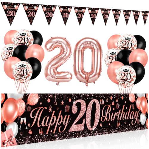 Bluelves Deko 20. Geburtstag Mädchen, Luftballon 20 Geburtstag Mädchen, Schwarz Roségold Extra Lange Happy Birthday Banner (210 x 40cm) + Girlande Wimpel + Schwarz Rosegold Konfetti Luftballons von Bluelves