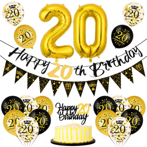 20. Geburtstag Deko Mann Frau - Luftballon Schwarz Gold, Happy Birthday Banner Wimpelkette, Folienballon Zahl 20, Cake Topper für Party Dekoration 20. Geburtstag Deko Mann Frau - Luftballon Schwarz Gold, Happy Birthday Banner Wimpelkette, Folienballon Zahl 20, Cake Topper für Party Dekoration von Bluelves