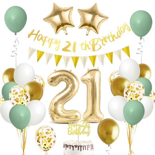 21 Geburtstag Deko Mann Frau, Luftballon 21 Geburtstag Grün Gold, 21 Happy Birthday Banner Wimpelkette, Folienballon Zahl 21, Cake Topper für 21 Geburtstag Party Dekoration von Bluelves