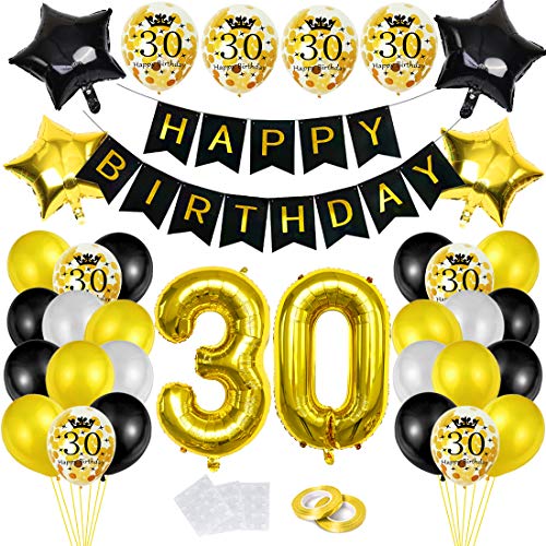 30 Geburtstag Deko, Luftballon 30. Geburtstag Deko Schwarz Gold, Deko 30 Geburtstag Frau Männer, Riesen Folienballon Zahl 30, Ballon 30 Deko zum Frau Geburtstag, Happy Birthday Folienballon von Bluelves