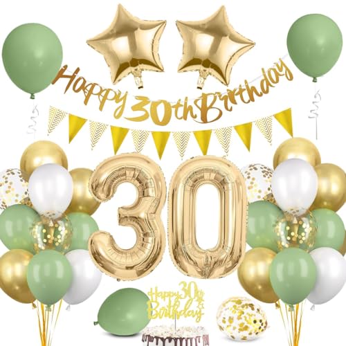 30 Geburtstag Deko Mann Frau, Luftballon 30 Geburtstag Grün Gold, 30 Happy Birthday Banner Wimpelkette, Folienballon Zahl 30, Cake Topper für 30 Geburtstag Party Dekoration 30 Geburtstag Deko Mann Frau, Luftballon 30 Geburtstag Grün Gold, 30 Happy Birthday Banner Wimpelkette, Folienballon Zahl 30, Cake Topper für 30 Geburtstag Party Dekoration von Bluelves