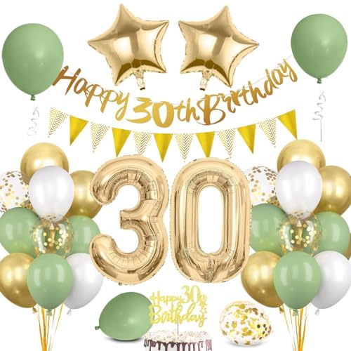 30 Geburtstag Deko Mann Frau, Luftballon 30 Geburtstag Grün Gold, 30 Happy Birthday Banner Wimpelkette, Folienballon Zahl 30, Cake Topper für 30 Geburtstag Party Dekoration von Bluelves