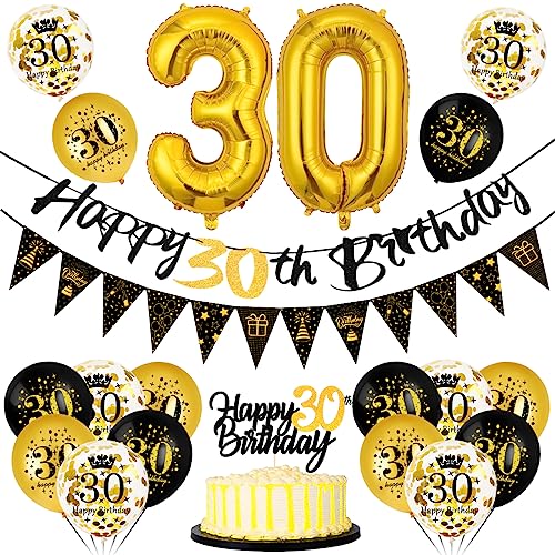 30 Geburtstag Deko Mann Frau, Luftballon 30 Geburtstag Schwarz Gold, 30 Happy Birthday Banner Wimpelkette, Folienballon Zahl 30, Cake Topper Schwarz Gold für 30 Geburtstag Party Dekoration von Bluelves