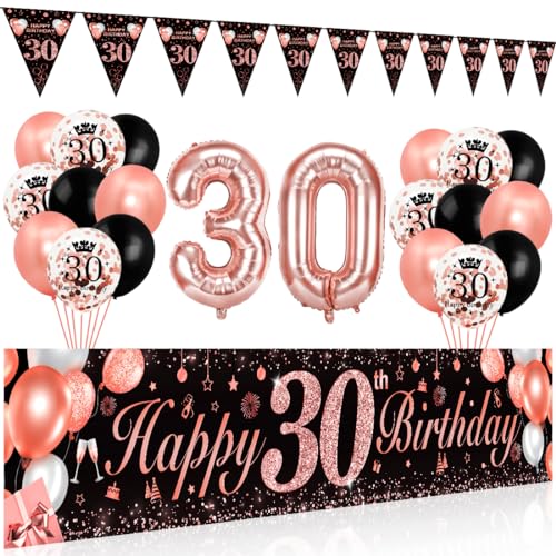 Bluelves 30 Geburtstag Frauen Deko, Luftballons 30. Geburtstag, Schwarz Roségold Extra Lange Happy Birthday Banner (210 x 40cm) + Girlande Wimpel + Schwarz Rosegold Konfetti Luftballons von Bluelves