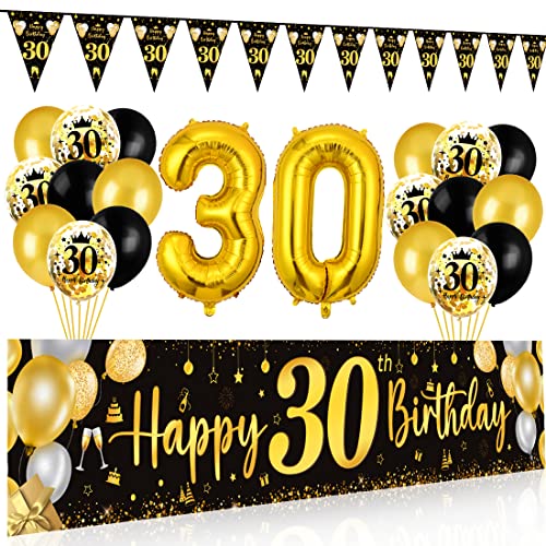 30. Geburtstag Deko für Mann und Frau - Happy Birthday Banner, Luftballons, Wimpel Girlande, Hintergrund Ballons Schwarz Gold für Männer Frauen Party 30. Geburtstag Deko für Mann und Frau - Happy Birthday Banner, Luftballons, Wimpel Girlande, Hintergrund Ballons Schwarz Gold für Männer Frauen Party von Bluelves