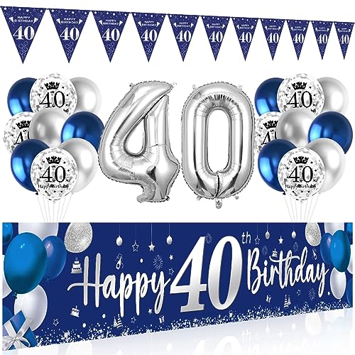 40 Geburtstag Deko Mann Frau, 40 Happy Birthday Banner Blau Silber, Luftballons 40 Geburtstag Wimpel Girlande, Deko 40. Geburtstag Hintergrund Ballons Marineblau Silber für Männer Frauen Party Deko von Bluelves