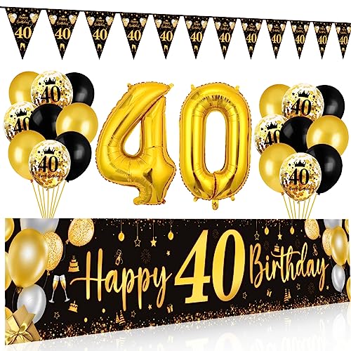 40 Geburtstag Deko Mann Frau, 40 Happy Birthday Banner Schwarz Gold, Luftballons 40 Geburtstag Wimpel Girlande, Deko 40. Geburtstag Hintergrund Ballons Schwarz Gold für Männer Frauen Party Deko von Bluelves