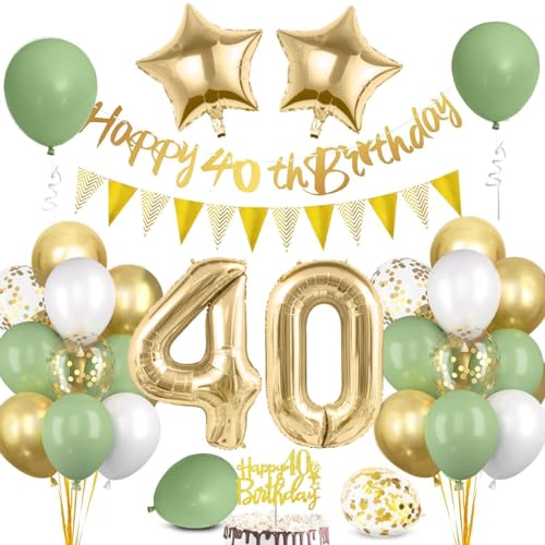 40 Geburtstag Deko Mann Frau, Luftballon 40 Geburtstag Grün Gold, 40 Happy Birthday Banner Wimpelkette, Folienballon Zahl 40, Cake Topper für 40 Geburtstag Party Dekoration von Bluelves