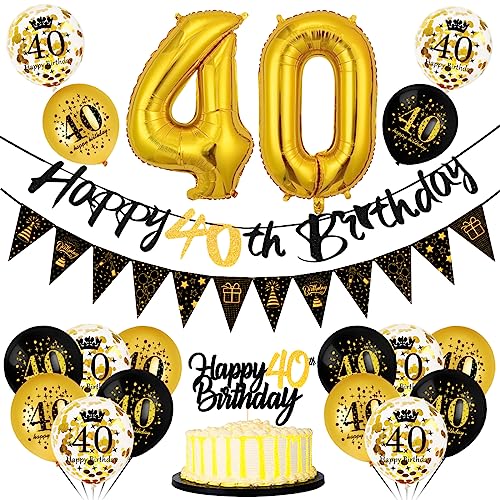 40 Geburtstag Deko Mann Frau, Luftballon 40 Geburtstag Schwarz Gold, 40 Happy Birthday Banner Wimpelkette, Folienballon Zahl 40, Cake Topper Schwarz Gold für 40 Geburtstag Party Dekoration von Bluelves