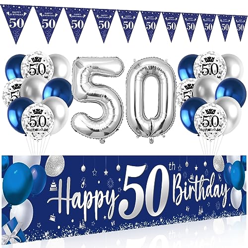 50 Geburtstag Deko Mann Frau, 50 Happy Birthday Banner Blau Silber, Luftballons 50 Geburtstag Wimpel Girlande, Deko 50. Geburtstag Hintergrund Ballons Marineblau Silber für Männer Frauen Party Deko von Bluelves