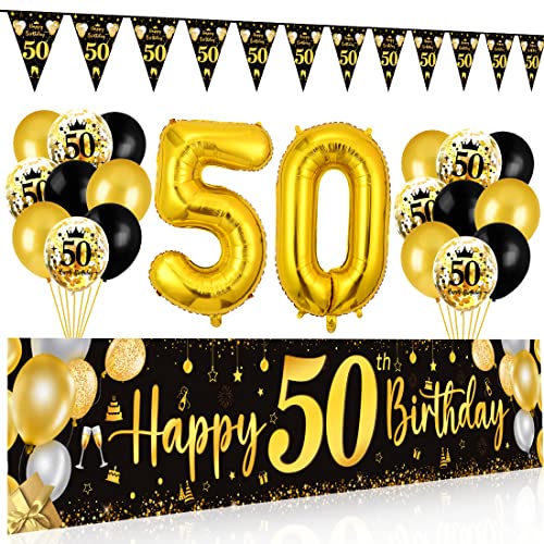 50 Geburtstag Deko Mann Frau, 50 Happy Birthday Banner Schwarz Gold, Luftballons 50 Geburtstag Wimpel Girlande, Deko 50. Geburtstag Hintergrund Ballons Schwarz Gold für Männer Frauen Party Deko von Bluelves
