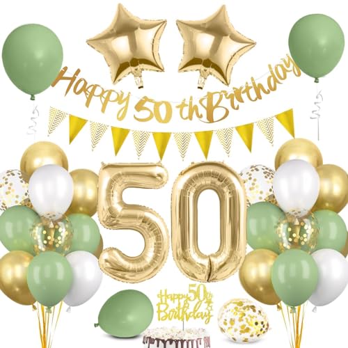 50 Geburtstag Deko Mann Frau, Luftballon 50 Geburtstag Grün Gold, 50 Happy Birthday Banner Wimpelkette, Folienballon Zahl 50, Cake Topper für 50 Geburtstag Party Dekoration von Bluelves