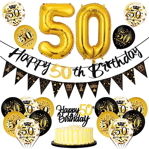 50 Geburtstag Deko Mann Frau, Luftballon 50 Geburtstag Schwarz Gold, 50 Happy Birthday Banner Wimpelkette, Folienballon Zahl 50, Cake Topper Schwarz Gold für 50 Geburtstag Party Dekoration von Bluelves