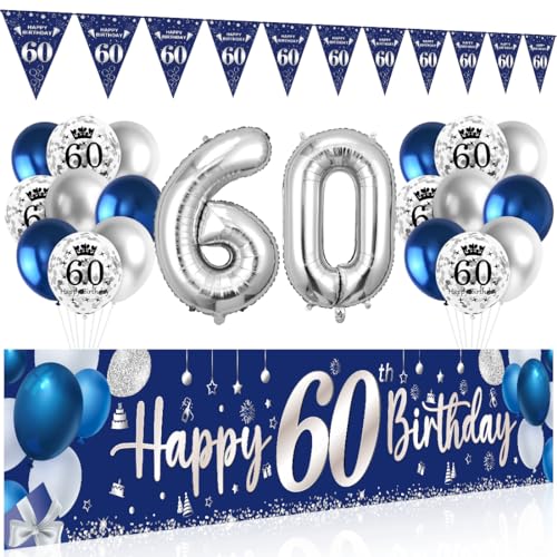 60 Geburtstag Deko Mann Frau, 60 Happy Birthday Banner Blau Silber, Luftballons 60 Geburtstag Wimpel Girlande, Deko 60. Geburtstag Hintergrund Ballons Marineblau Silber für Männer Frauen Party Deko von Bluelves