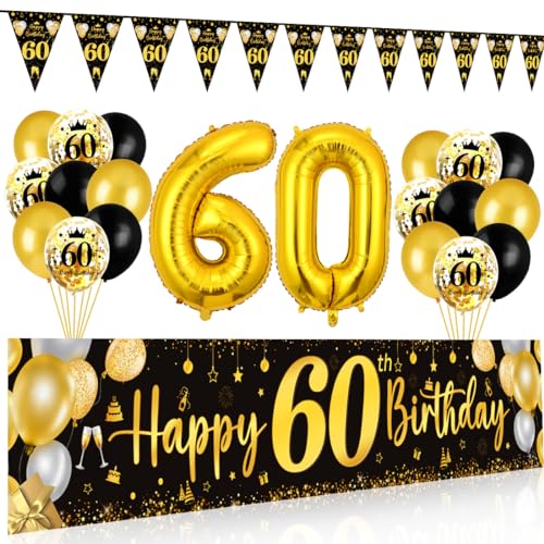 60 Geburtstag Deko Mann Frau, 60 Happy Birthday Banner Schwarz Gold, Luftballons 60 Geburtstag Wimpel Girlande, Deko 60. Geburtstag Hintergrund Ballons Schwarz Gold für Männer Frauen Party Deko von Bluelves