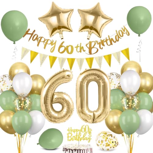 60 Geburtstag Deko Mann Frau, Luftballon 60 Geburtstag Grün Gold, 60 Happy Birthday Banner Wimpelkette, Folienballon Zahl 60, Cake Topper für 60 Geburtstag Party Dekoration von Bluelves