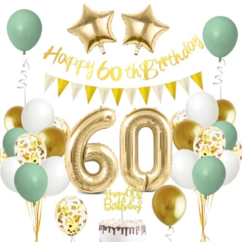 60 Geburtstag Deko Mann Frau, Luftballon 60 Geburtstag Grün Gold, 60 Happy Birthday Banner Wimpelkette, Folienballon Zahl 60, Cake Topper für 60 Geburtstag Party Dekoration von Bluelves