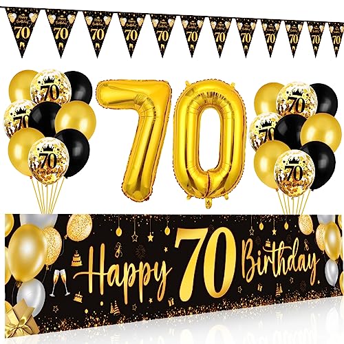 70 Geburtstag Deko Mann Frau, 70 Happy Birthday Banner Schwarz Gold, Luftballons 70 Geburtstag Wimpel Girlande, Deko 70. Geburtstag Hintergrund Ballons Schwarz Gold für Männer Frauen Party Deko von Bluelves