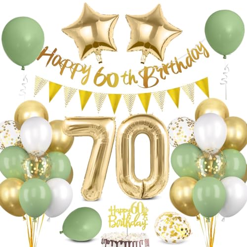70 Geburtstag Deko Mann Frau, Luftballon 70 Geburtstag Grün Gold, 70 Happy Birthday Banner Wimpelkette, Folienballon Zahl 70, Cake Topper für 70 Geburtstag Party Dekoration von Bluelves