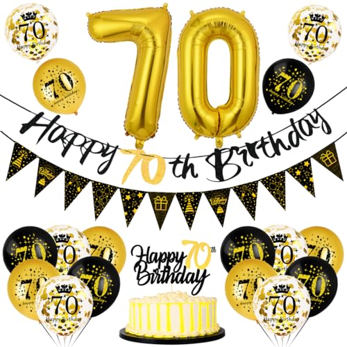70 Geburtstag Deko Mann Frau, Luftballon 70 Geburtstag Schwarz Gold, 70 Happy Birthday Banner Wimpelkette, Folienballon Zahl 70, Cake Topper Schwarz Gold für 70 Geburtstag Party Dekoration von Bluelves