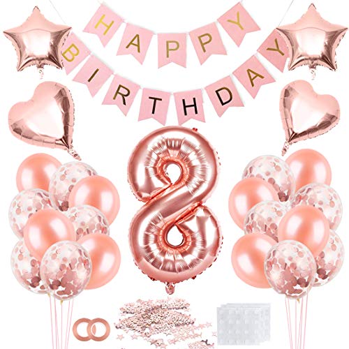 8 Jahre Geburtstag Mädchen, 8 Geburtstag Mädchen Rosegold, Luftballon 8 Geburtstag Mädchen, Geburtstagsdeko 8 Happy Birthday Banner, Konfetti 8 Geburtstag, Geburtstagsdeko Rosegold von Bluelves