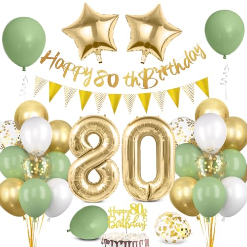 80 Geburtstag Deko Mann Frau, Luftballon 80 Geburtstag Grün Gold, 80 Happy Birthday Banner Wimpelkette, Folienballon Zahl 80, Cake Topper für 80 Geburtstag Party Dekoration 80 Geburtstag Deko Mann Frau, Luftballon 80 Geburtstag Grün Gold, 80 Happy Birthday Banner Wimpelkette, Folienballon Zahl 80, Cake Topper für 80 Geburtstag Party Dekoration von Bluelves